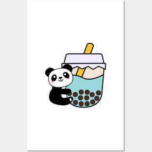 Baby Panda Hugs Bubble Tea Kawaii Blue Boba Tea Posters and Art